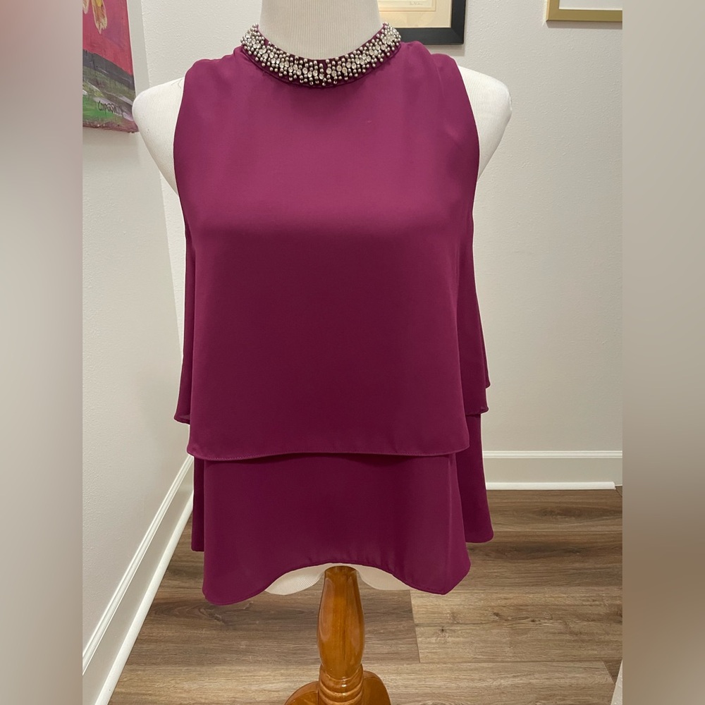 Burgundy Sleeveless Top/Blouse Mock Turtleneck with Rhinestones